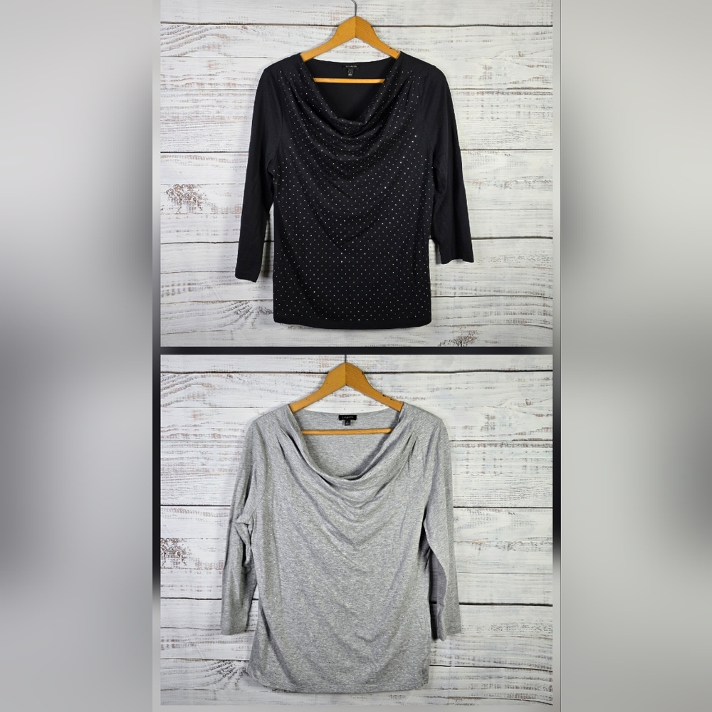 Talbots Black & Gray Studded Cowl Neck Top Bundle Size Large Elegant 3/4 Sleeves